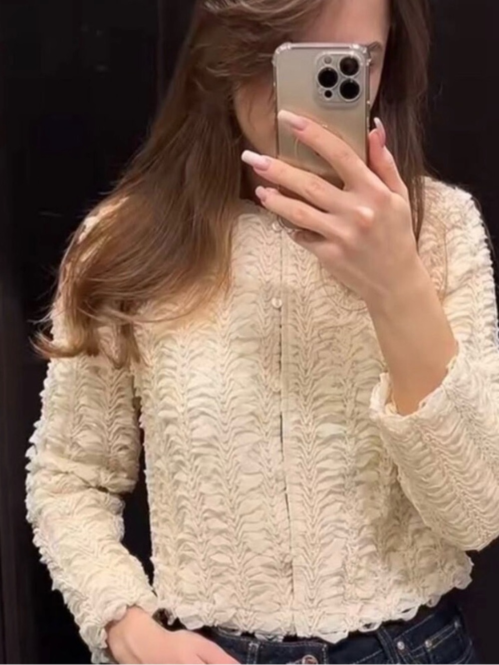 ZARA Structured Cream Ruffle-Textured Cropped Cardigan - Picture 3 of 9